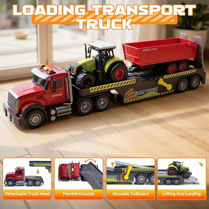 Large Flatbed 21" Semi Truck Toys for Kids with Tractor & Dump Truck,Friction Powered Vehicles Toys with Lights and Sounds,Christmas Birthday Gift Kids Boy Girls Toddlers Age 3 4 5 6 7