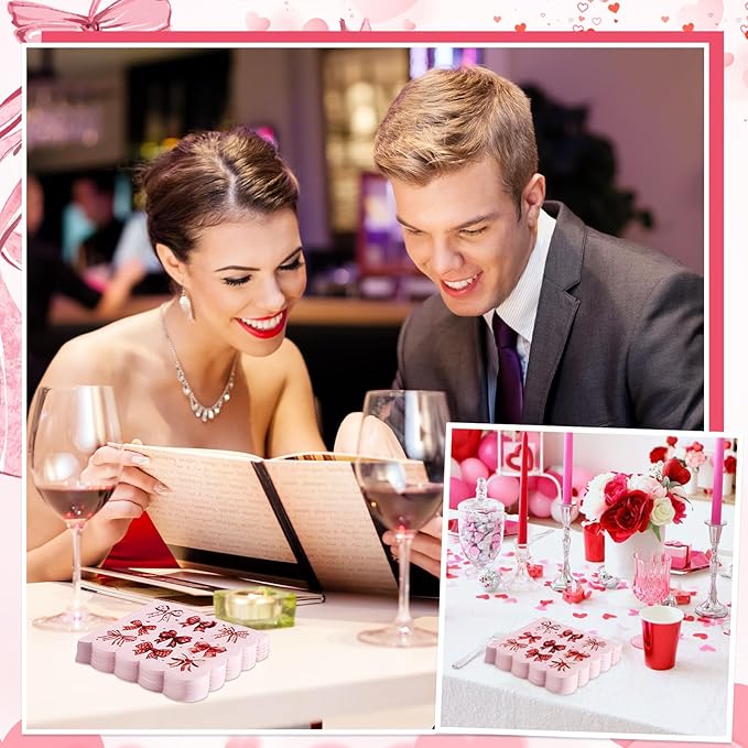 100 Pcs Bow Napkins, Scalloped Pink Bow Birthday Decrations Bachelorette Dessert Beverage Party Napkin for Bridal Baby Shower, Engagement, Wedding