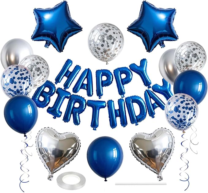 27 Pcs Blue Silver Birthday Decorations, 3D Letters Blue Happy Birthday Balloon Banner, Pentagram Heart Foil Balloons Confetti Balloons Kit For Boys Girls Party Supplies