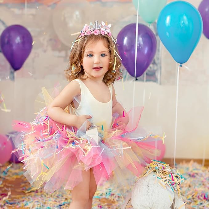SuPoo First Birthday Decorations for Girl 1st Birthday Crown Headband Pink Hair Band Princess Tiara One Year Old Birthday Party Decorations Outfit Accessory