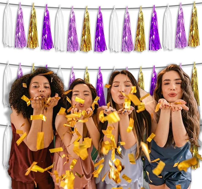 3P Metallic Fringe Tassel Banner Garland Foil Tinsel Streamer Wall Hanging Curtain Backdrop Banner for Parade Floats, Graduation, Carnival Mardi Gras Party Decorations(Gold Purple)