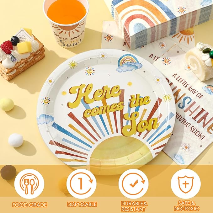 Hushee 200 Pcs Here Comes The Son Baby Shower Paper Plates Napkins Cups Baby Shower Party Supplies Boho Theme Sun Tableware Set Disposable Cup Napkin for 50 Guest Party Decoration