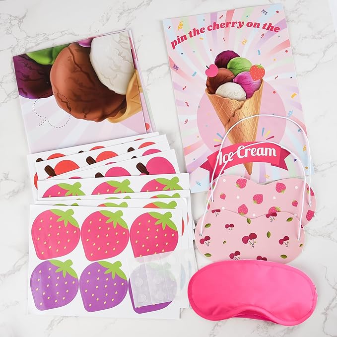 PLULON Ice Cream Party Game for Kids Pin the Cherry Strawberry on the Ice Cream Birthday Game Poster Cherry Strawberry Stickers for Boy Girl Birthday Summer Party Wall Decorations Classroom Activities