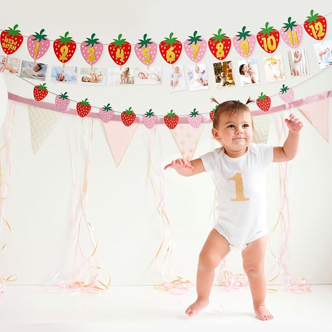 Strawberry First Birthday Party Decoration Berry 1st Monthly Photo Banner Milestone Photograph Bunting Garland for Baby Girl 12 Months Photo Display Baby Shower Berry Party Decorations Supplies