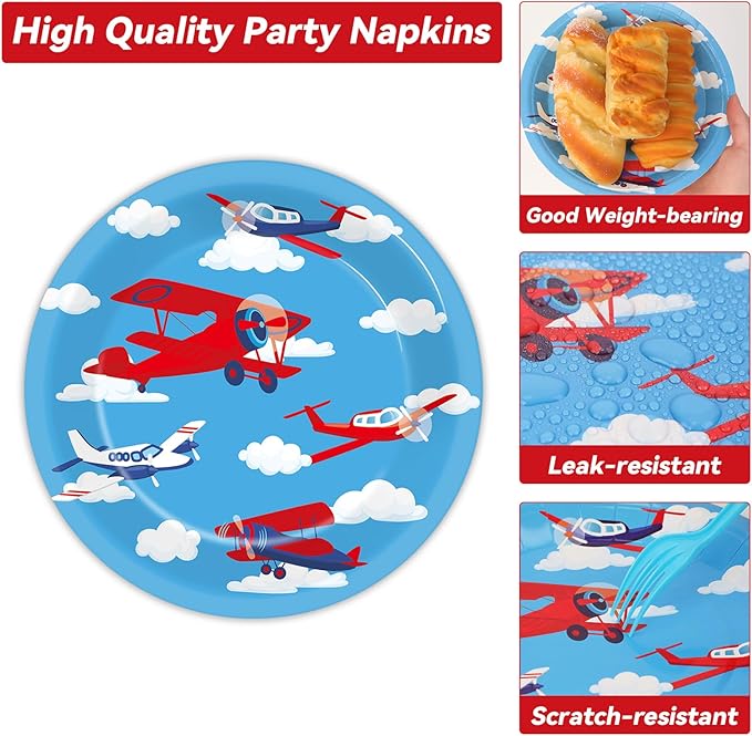 Qyeahkj 50 Guests Airplane Party Plates and Napkins Tableware Set Plane Birthday Party Supplies Blue Helicopter Dinnerware Favors Decorations for Baby Shower Boys Kids