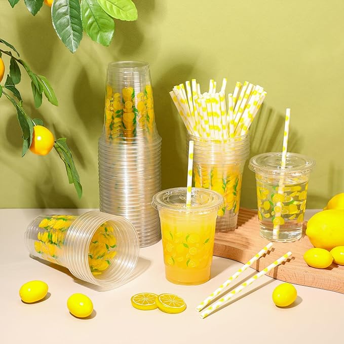Yungyan 50 Sets 16 oz Lemon Plastic Cups Lemonade Cups with Lids and Straws Disposable Yellow Fruit Ice Coffee Juice Drinking Cup for Lemonade Stand Supplies Birthday Baby Shower Party Decoration