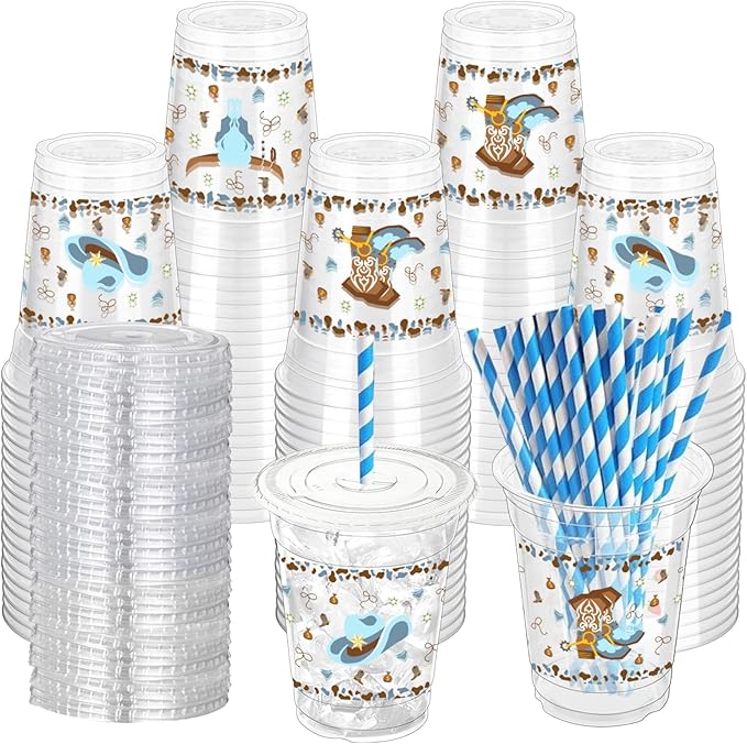 50 Pcs Western Cowboy Plastic Cups with Lids and Straws, 12 oz Blue Cowboy Party Cup Clear Disposable Cowboys Cups for Western Cowboy Baby Shower Birthday Party Supplies