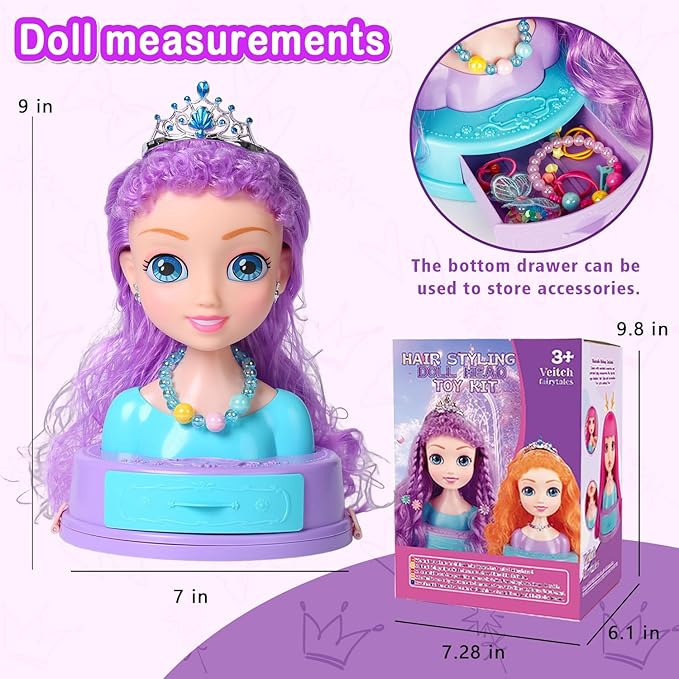 4-in-1 Doll Head for Hair Styling Kids-9Inch,Hair Salon Toys Makeup Kit Princess Accessories Pretend Play Toys Birthday Gifts for 3-8 Year Old Girls