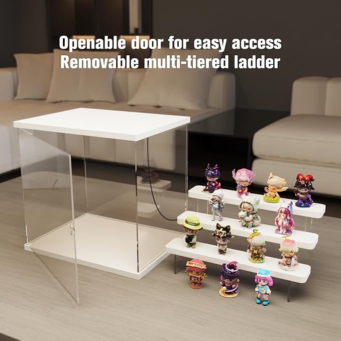 Nynelly Acrylic Lighted Display Case for Collectibles, 4 Tier Figure Display Box with Door and Steps, Assemble Dustproof LED Showcase Storage Box for Mini Figures, Funko Pop, Toys, White