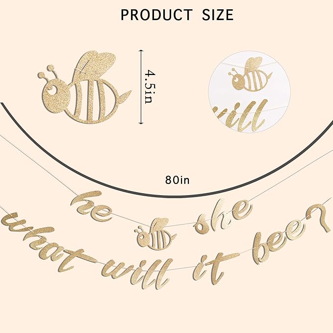 He Or She What Will Baby Bee Banner - Bumble Bee Themed Baby Shower Decorations,Honey Gold Glitter Gender Neutral Garland Party Supplies