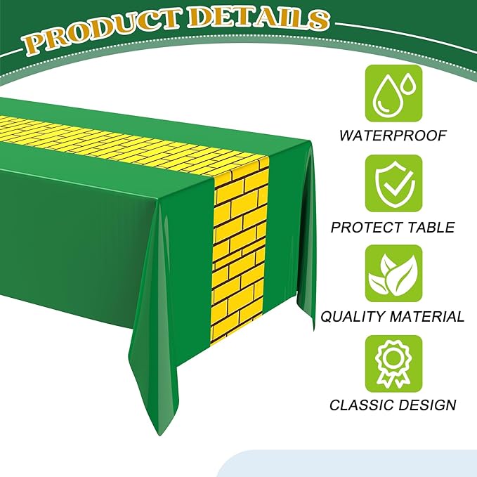 6 Pcs Yellow Brick Runner Tablecloth 54 x 108 Inch Brick Wall Backdrop Green Waterproof Rectangle Disposable Cover, Princess Decorations Party Supplies for Carnival Cosplay Party