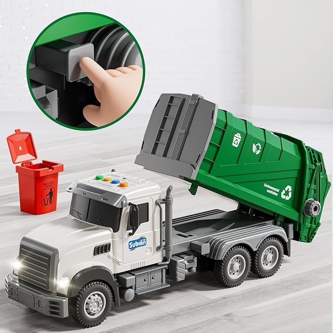 Kids Garbage Truck Toy Friction Powered Waste Management Garbage Recycling Truck with Lights, Sounds, 3 Rear Loader Trash Bins, Gifts for 3 4 5 6 7 8 Years Old Boys Girls