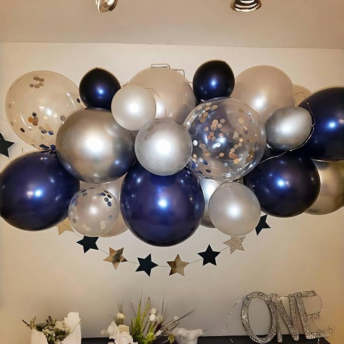 Navy Blue and Silver Balloons, 12 Inch Dark Midnight Blue Metallic Silver Latex Balloons Set for Boys Baby Shower Men Birthday 2026 Graduation Fathers Day Anniversary Denim Party Decorations