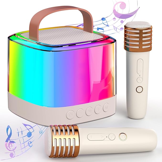Mini Karaoke Machine for Kids with 2 Wireless Microphones, Portable Bluetooth Speaker & LED Lights, Birthday Gift Toy for Girls and Boys Ages 3–12+ (White)