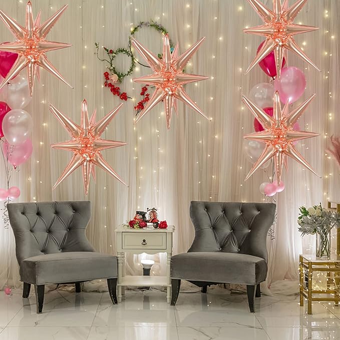 6 Pcs Rose Gold Star Foil Balloons One-Piece 14-Pointed Star Balloon 4D Starburst Cone Mylar Balloon 22inch Christmas Birthday Wedding Wedding Anniversary Party Supplies(Rose Gold)