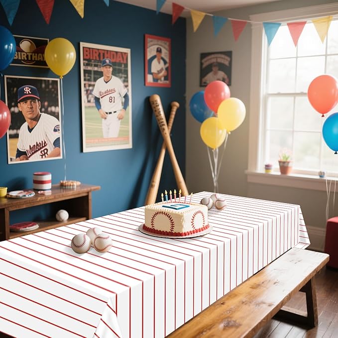 Baseball Tablecloths, 4 Pcs Red and White Stripe Plastic Table Covers for Baseball Birthday Decorations Sports Theme Party Supplies