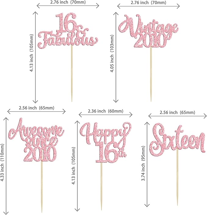 Ephlyn 30Pcs Vintage 2010 Cupcake Toppers Glitter Sixteen Happy 16th Birthday 16 Fabulous Cupcake Picks Cheers to 16 Years for 16th Birthday Wedding Anniversary Party Cake Decorations Supplies Pink