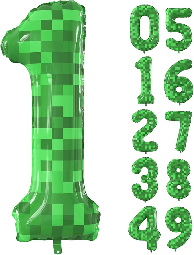 40 Inch Green Pixel Miner Theme Number Balloons Large Birthday Party Number Balloons Mining Gaming for Kids Birthday Party Decoration Supplies (Number 1)
