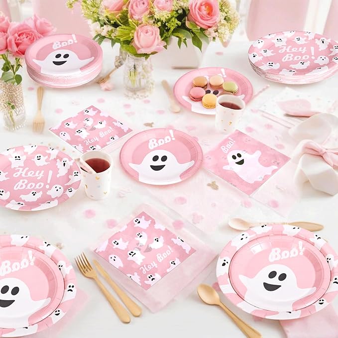 180Pcs Halloween Party Supplies Serve 60,Pink Ghost Paper Plates and Napkins Disposable Dinnerware Kit,for Trick or Treat Birthday Party Decorative