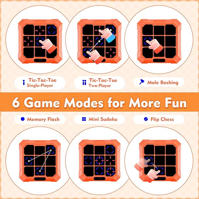 Tic Tac Toe Game, 6-in-1 Electronic Tic Tac Toe with Mute & Rechargeable - Handheld Travel Board Game for Kids Ages 4+, Adults, Family - Educational Learning Toy for Boys Girls, Orange