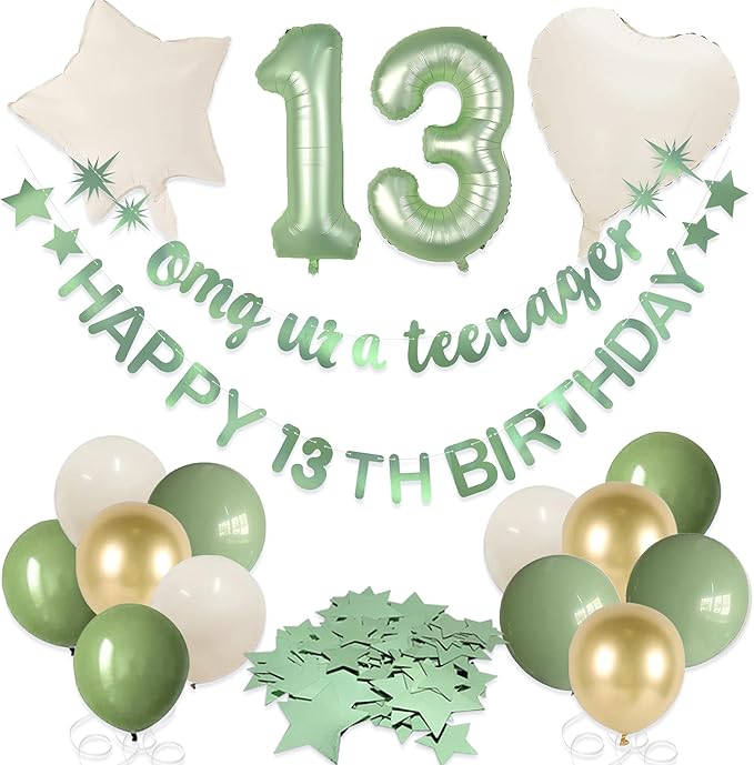 Sage Green Omg Ur A Teenager Happy 13th Birthday Banner Garland Foil Balloon 13 for 13 Birthday Decorations Official Teenager 13th Birthday Decor for Teen Girls 13 Years Old Birthday Party Supplies