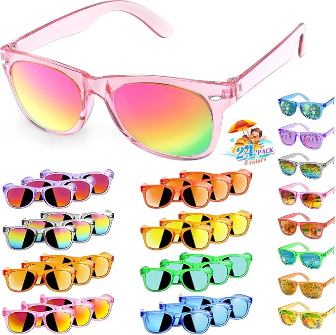 24 Pack Kids Sunglasses Bluk Party Favors - Goodie Bags Stuffers for Children Age 3-8,Boy Girl Neon Glasses with UV400 Protection,Birthday Classroom Graduation Gift,Pool Beach Party Supplies - nylytek