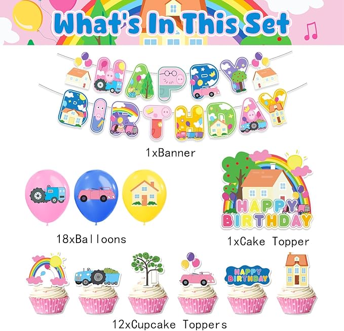 Pink Pig Birthday Party Supplies,Birthday Banner Cake Toppers Balloons,Pink Pig Theme Party Decorations