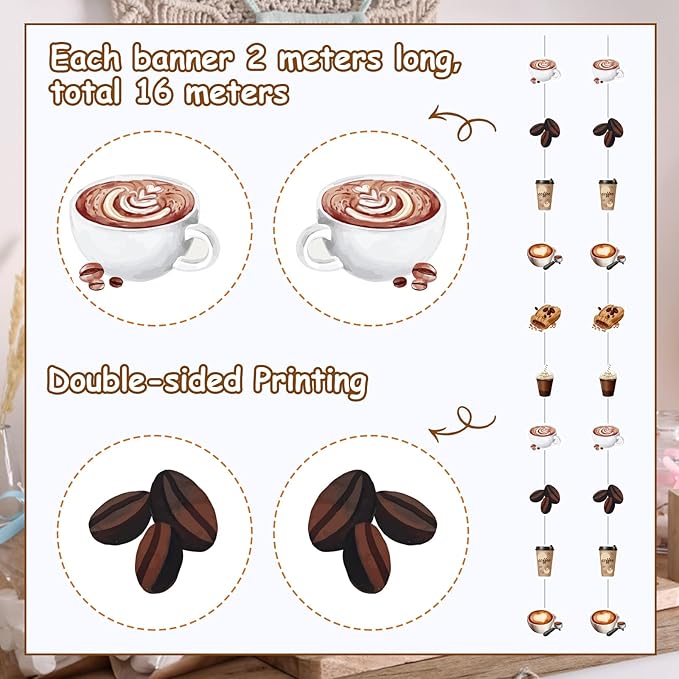 8Pcs Coffee Theme Streamers, Coffee Bean Cup Paper Garland for Birthday Baby Bridal Shower Bachelorette Latte Party, Cafe Shop Bar Hanging Decorations Supplies