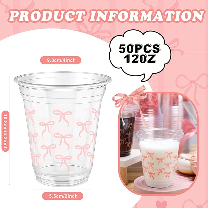 50 Pcs Pink Bow Snack Cups 12 oz Bow Plastic Cups Lovely Bowknot Tumbler for Birthday Wedding Party Supplies