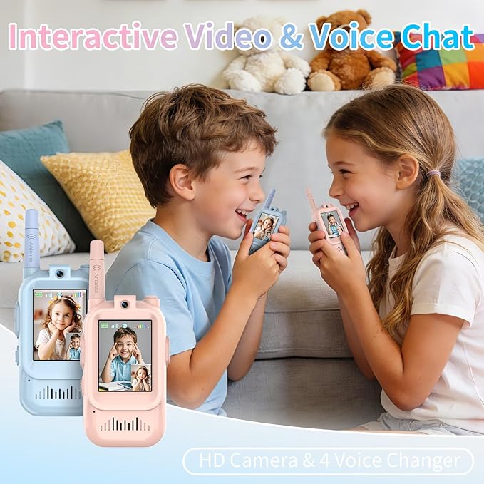 Walkie Talkies for Kids, Video Walkie Talkies 2 Pack with Screen Display, Rechargeable Toy Radios for Ages 3-12, Voice Changer & Real-Time Video Chat, Long Range, Gifts for Boys Girls (Blue & Pink)