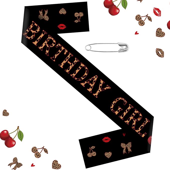 Cheetah and Cherry Birthday Decorations - Cheetah Print Cherry Theme Birthday Girl Party Sash, Girls Night Women Birthdays Party Decoration Supplies