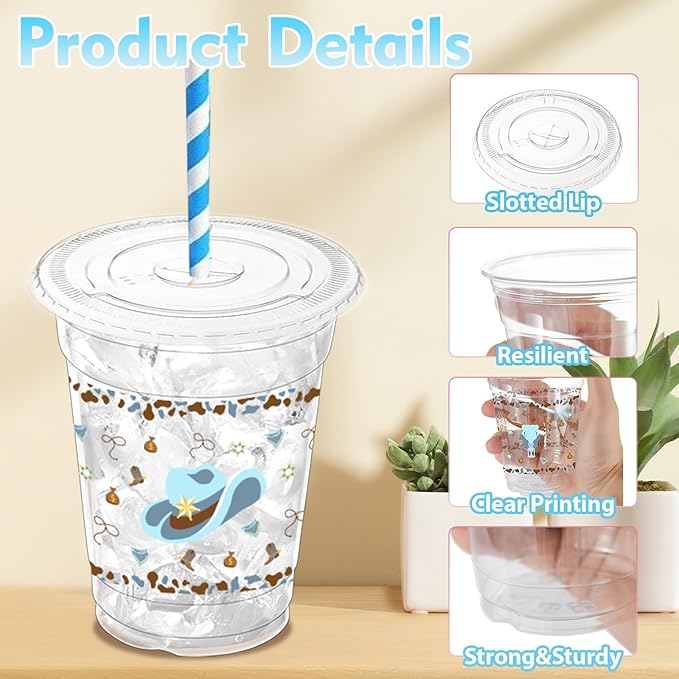 50 Pcs Western Cowboy Plastic Cups with Lids and Straws, 12 oz Blue Cowboy Party Cup Clear Disposable Cowboys Cups for Western Cowboy Baby Shower Birthday Party Supplies