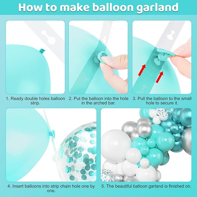 Amandir 153 Pcs Teal Balloons Arch Garland Kit, Different Sizes 18 12 10 5 Inch Teal Aqua Blue White Metallic Silver Green Confetti Turquoise Balloons Birthday Bridal Shower Wedding Party Decorations