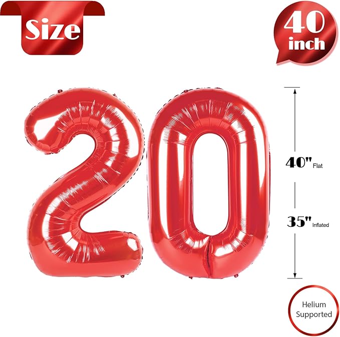 Red Number 20 Balloon 40 inch, 20 Number Balloons, 20th Red Birthday Decorations, 20 Year Old Girls Boys Party Supplies