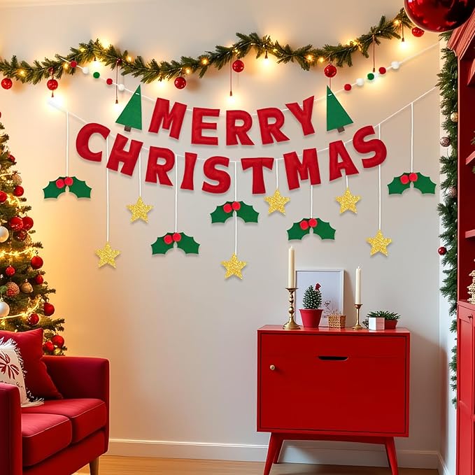 Merry Christmas Banner with Red Berries And Leaves,Christmas Banner Decoration with Gold Stars,Xmas Bunting Garland Felt Party Supplies For Wall,Fireplace Mantel,Window.