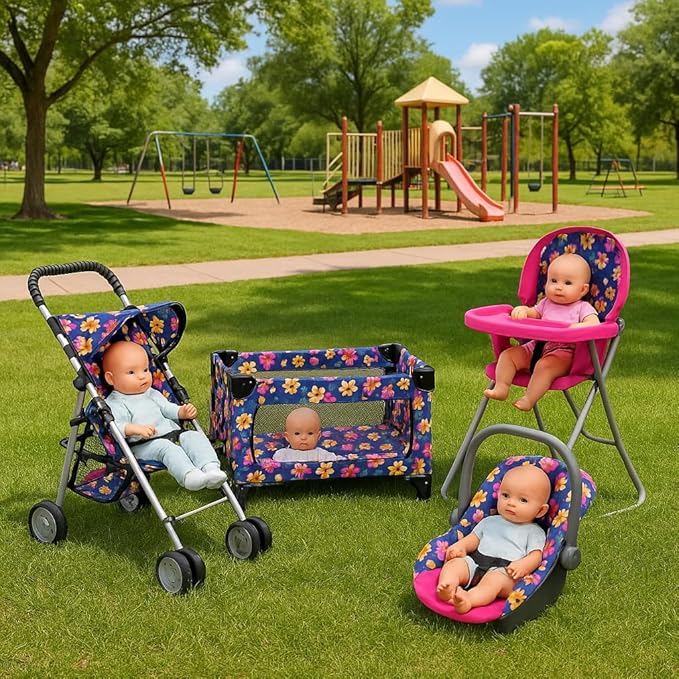 fash n kolor 4 Piece Baby Doll Play Set Flower Design Includes - Foldable Pack N Play, Baby Doll Stroller, Baby Doll High Chair, Infant Seat, Fits Up to 18'' Doll 4 Piece Doll Accessories Set