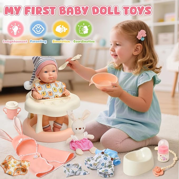 Baby Doll Accessories Set for Girls, 9'' Baby Doll with 2 Sets Clothes Doll Walker Chair Feeding Bottle Pacifier Diaper Blanket, Realistic Pretend Play Toys Toddler Girl Birthday Gifts 3 4 5 6