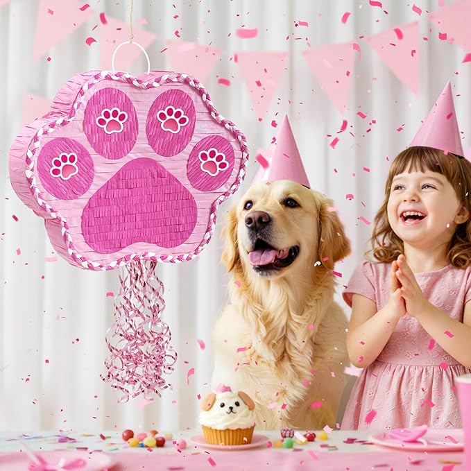 WERNNSAI Pink Dog Paw Piñata - Dog Piñata Pet Theme Party Games Pink Girl Style Puppy Paw Party Decorations Animal Party Supply for Kids Birthday with Blindfold