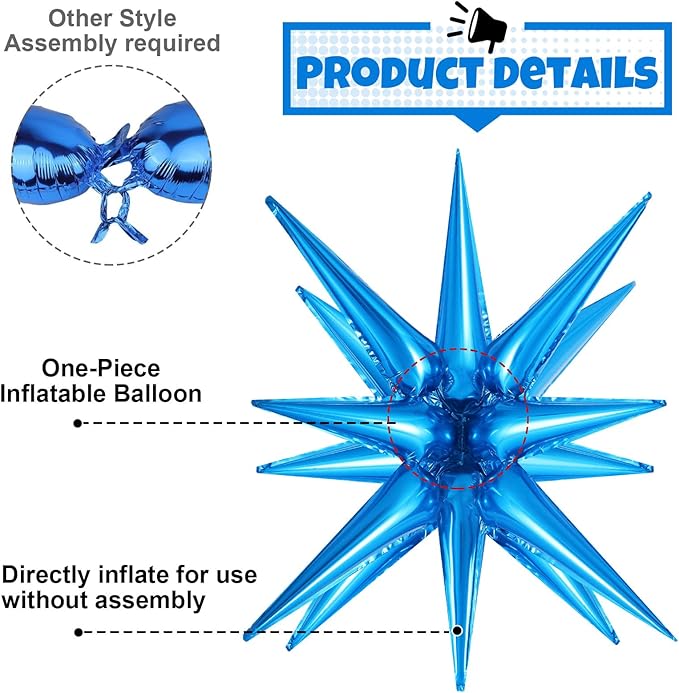 10 Pcs Blue Star Balloons Explosion Starburst Balloons Foil Cone Balloon Magic for Birthday Wedding Anniversary Party Backdrops Decorations Supplies, 6 Pcs 22Inches and 4 Pcs 27Inches