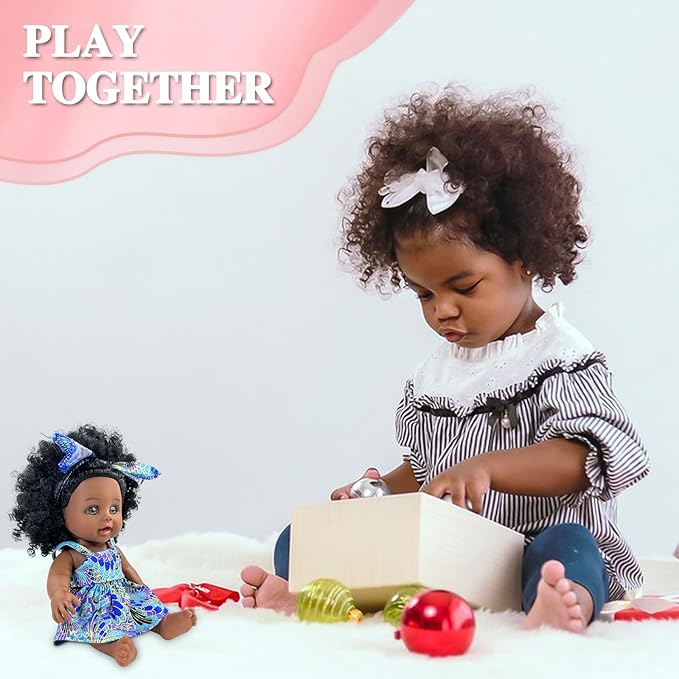 Nice2you Black Baby Doll for Girl, 10 inch African American Black Doll with Dress, Reborn Realistic Baby Doll for Kids Aged 1 2 3 4 5, Small Silicone Black Doll Toy with Curly Hair for Birthday