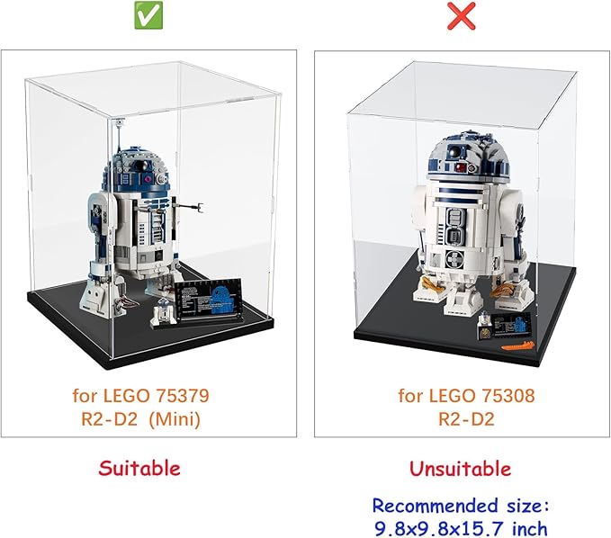 Thickened Clear Acrylic Display Case for Lego 75379 R2-D2 (Mini) 43217 75304 75349 75350 Collectibles, Transparent Box Protection with Wood-Plastic Base & String Light, Black Inside 7.9x7.9x11.8inch