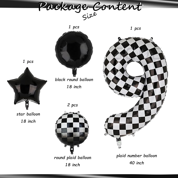 40 Inch Checkered Number Balloon 9 Black and White Race Car Birthday Balloons Baby Hippie Smile Party Shower Boys 9th Birthday Race Car Theme Party Decor Supplies 5 Pcs