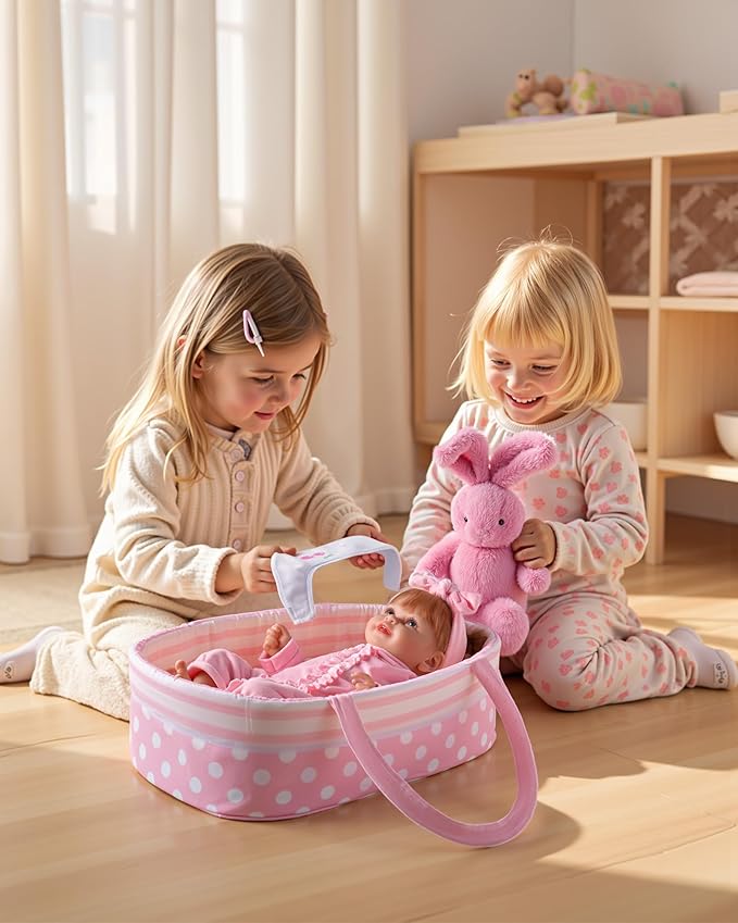 JIZHI 8 Pcs Reborn Baby Doll Clothes Set with Bassinet for 17-22 Inch Dolls, Baby Dolls Clothes and Doll Accessories Set fit Realistic Baby Doll Girl, Pink