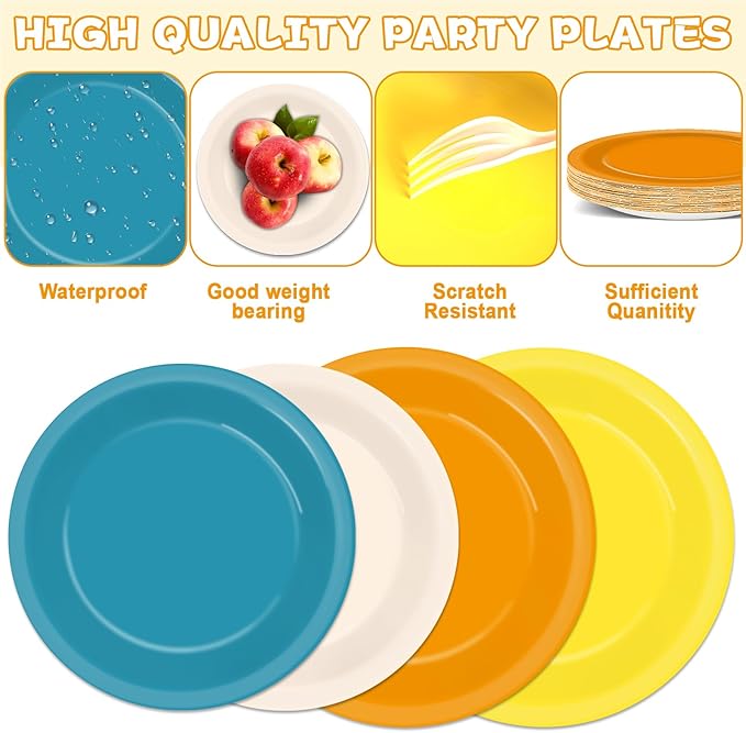 96PCS orange and yellow Party Paper Plates and Napkins for Boho Sun Party Supplies Retro Blue Orange Mustard Yellow Disposable Tableware Set for 24 Guests Baby Shower Birthday Parties Decorations