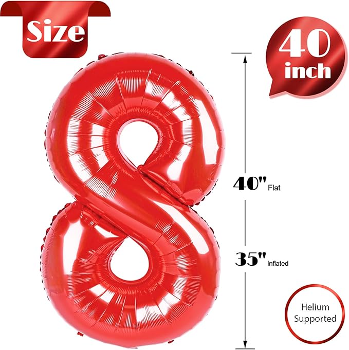 Red 8 Balloon, Number Balloon 40 Inch, Red Birthday Decorations, 8 18 28 38 80 Birthday Balloons, 8th Party Supplies, Number 8 Balloon