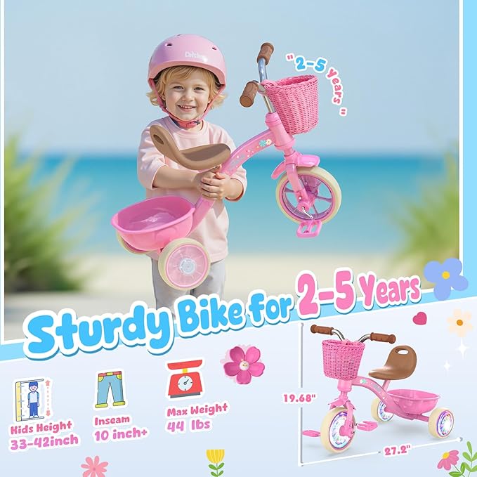 Toddler Tricycle for 1-3 3-5 Year Olds, 2 3 4 5 Year Old Girl Birthday Gifts, Pink Toddler Baby Bike, Outdoor Riding Toys for Ages 2-4, 4-Level Adjustable Seat, 3 Color Light Wheels, 2 Baskets