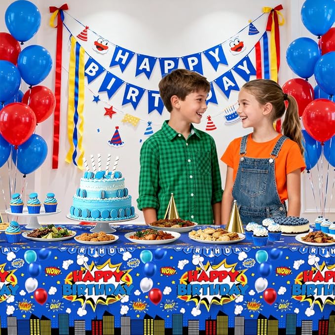 3 Pieces Blue Superhero Birthday Tablecloth for Boy or Girl Super Hero Birthday Party Decorations Supplies Blue Superhero Plastic Table Cloth Disposable Table Covers 108 x 54 Inch