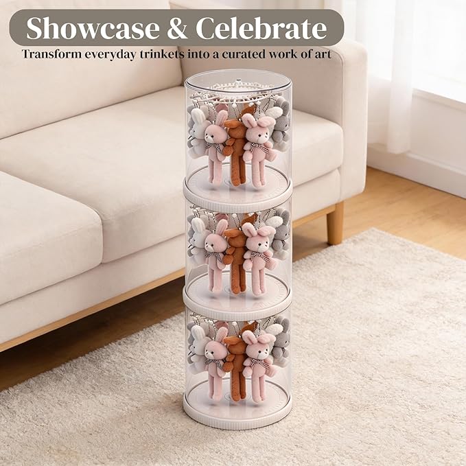Rotating Display Case, 360° Clear Doll Display Stand, Blind Box Showcase for 6.7” Plush Dolls, Dustproof Collectible Toy Storage Organizer for Figurines, Keychain, Miniature, Jewelry (White)