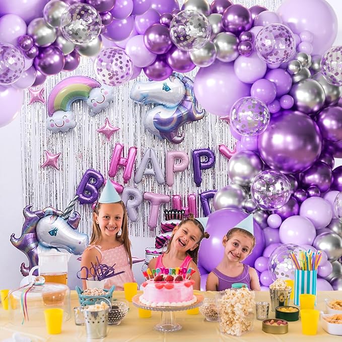 Purple and Silver Balloon Garland Arch Kit, 155Pcs Lavender Pastel Purple Lilac and Silver Confetti Balloons for Girls Women Wedding Birthday Baby Shower Graduation Party