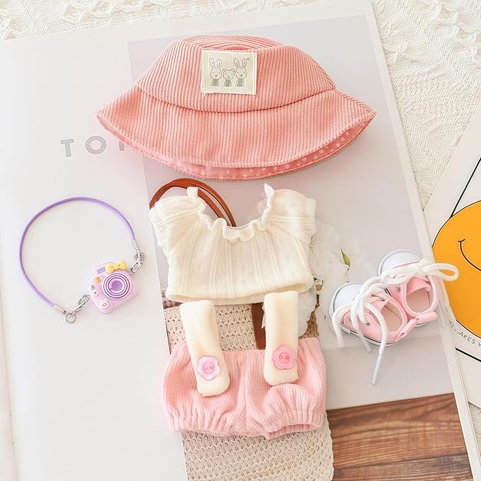 Clothes for Lu bubu 17cm Dolls Accessories(No Doll), Cute Outfit Set 5 Pieces Bib Pants for 17cm Doll Suit, Stylish Dress Up Overalls Doll Clothing Set Replacement with Hat Clothes Shoes Pink